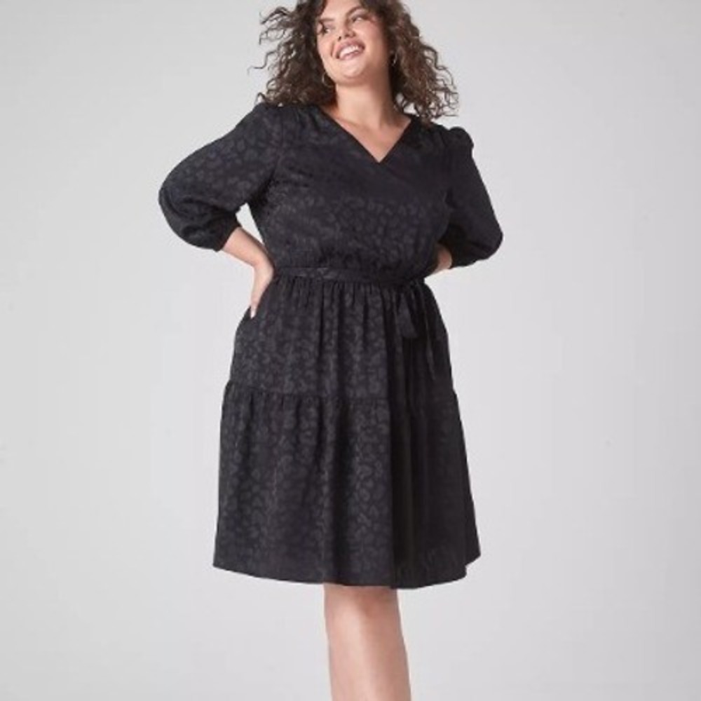 Lane Bryant Black Leopard Jacquard V-Neck Tiered Midi Dress with Belt